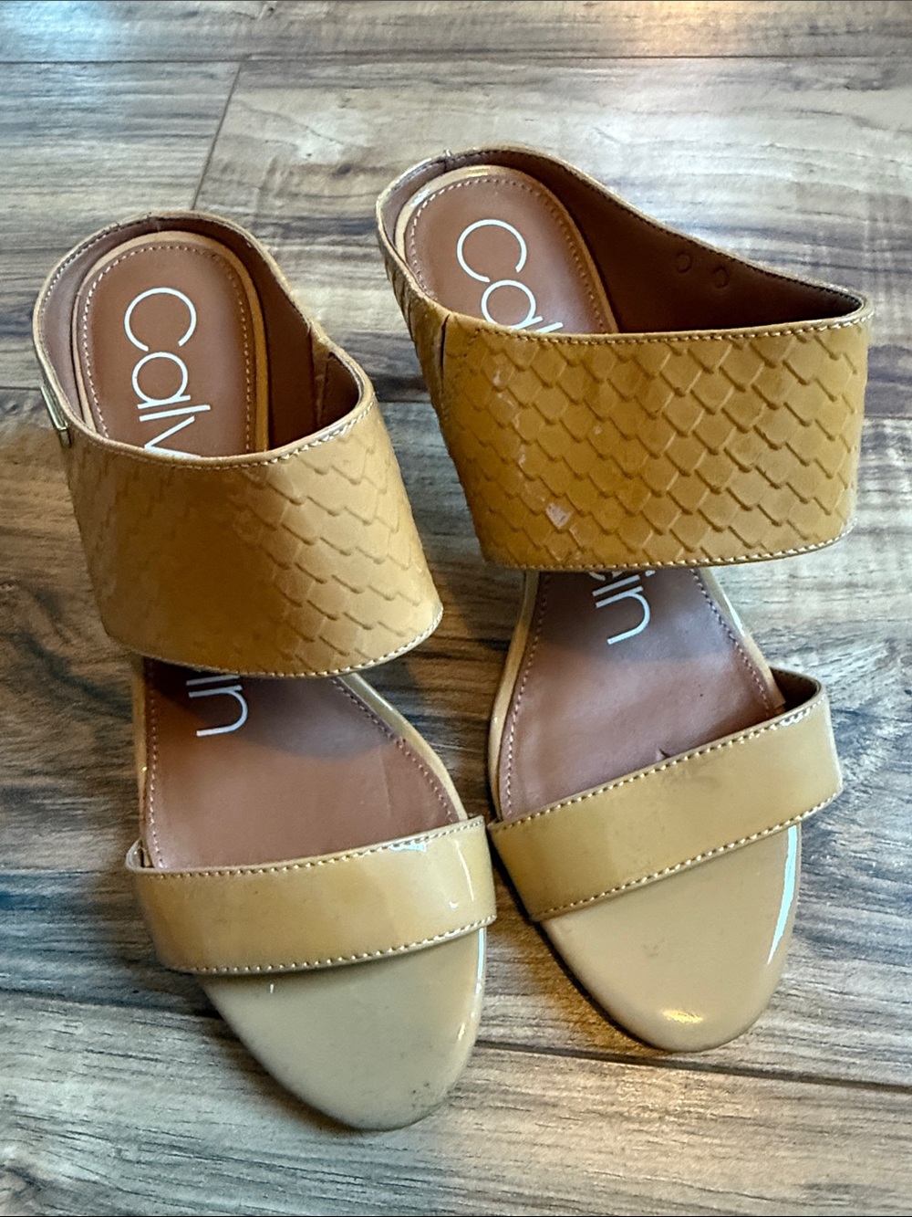 Calvin Klein Two-Band Tan & Camel Slide Sandals